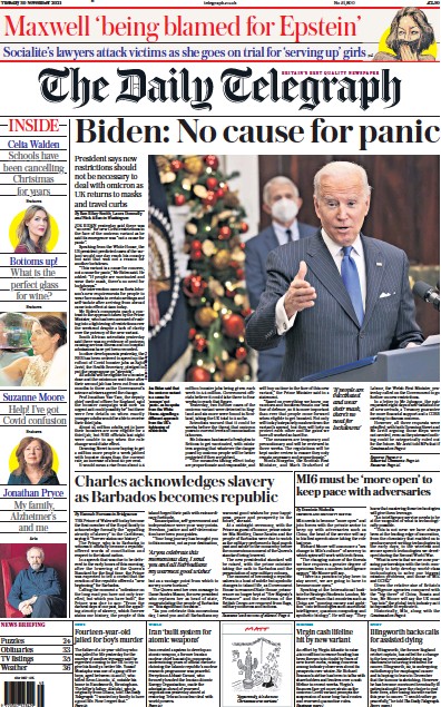 The Daily Telegraph Newspaper Front Page (UK) for 30 November 2021