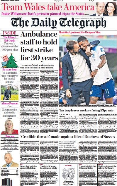 The Daily Telegraph Newspaper Front Page (UK) for 30 November 2022