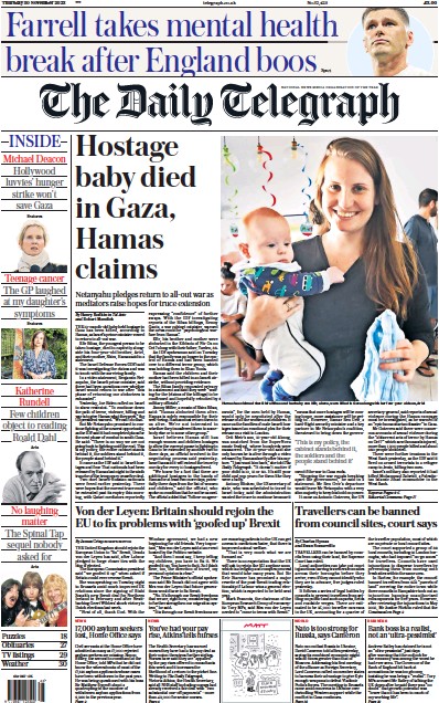 The Daily Telegraph Newspaper Front Page (UK) for 30 November 2023