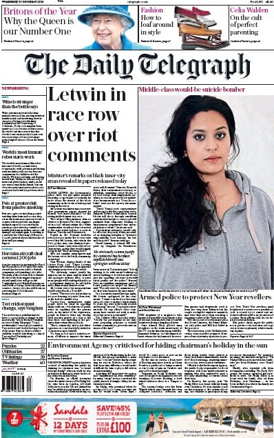 The Daily Telegraph Newspaper Front Page (UK) for 30 December 2015
