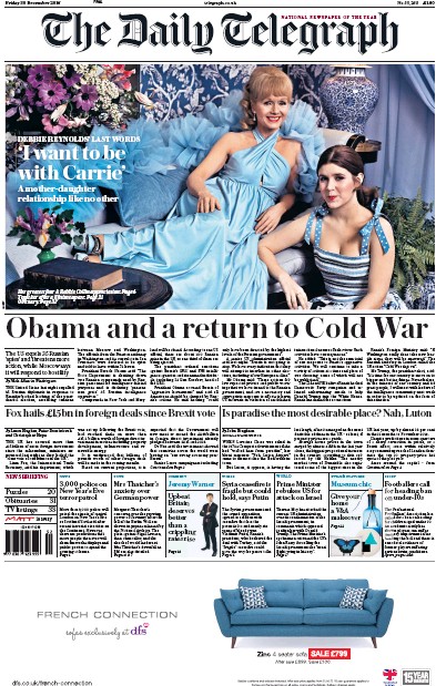 The Daily Telegraph Newspaper Front Page (UK) for 30 December 2016