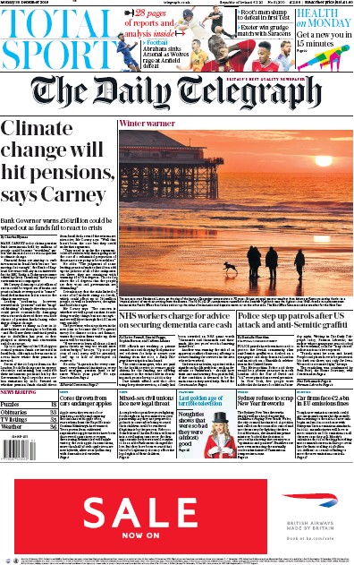 The Daily Telegraph Newspaper Front Page (UK) for 30 December 2019