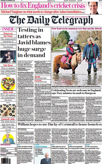 The Daily Telegraph Newspaper Front Page (UK) for 30 December 2021