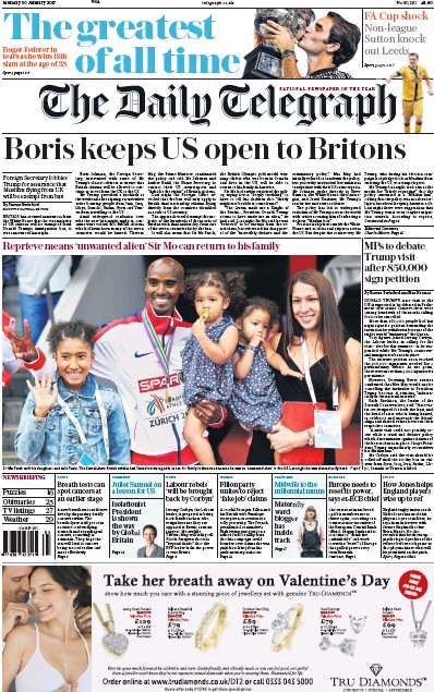 The Daily Telegraph Newspaper Front Page (UK) for 30 January 2017