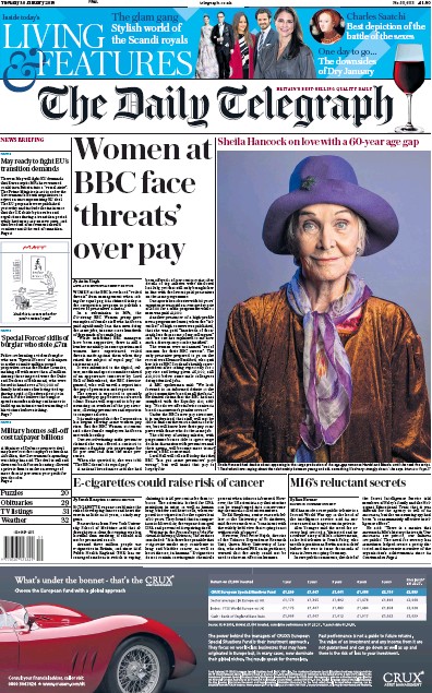 The Daily Telegraph Newspaper Front Page (UK) for 30 January 2018