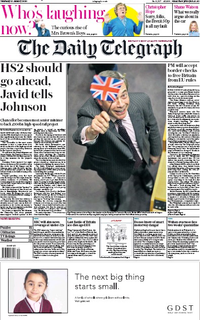 The Daily Telegraph Newspaper Front Page (UK) for 30 January 2020