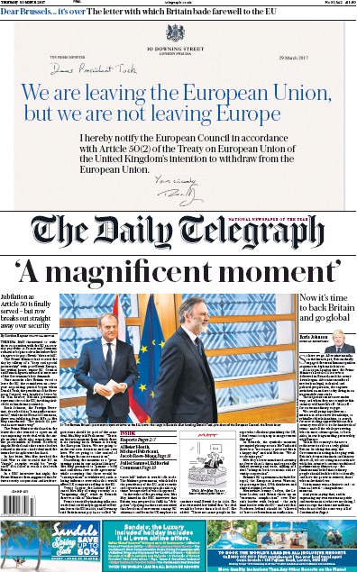 The Daily Telegraph Newspaper Front Page (UK) for 30 March 2017