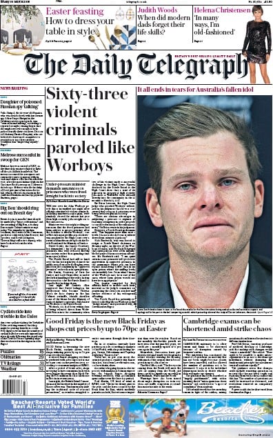 The Daily Telegraph Newspaper Front Page (UK) for 30 March 2018