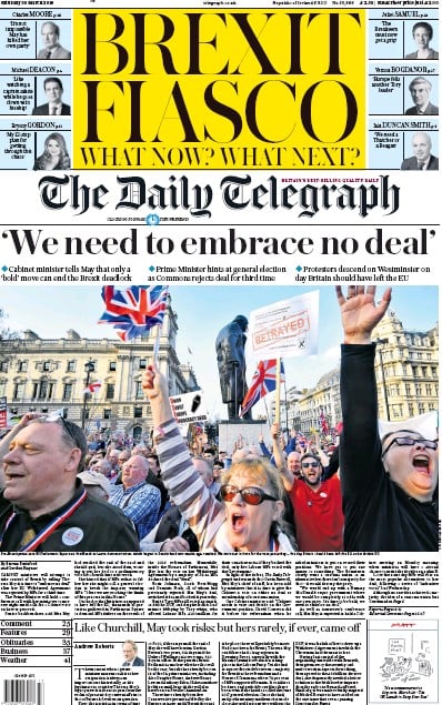 The Daily Telegraph Newspaper Front Page (UK) for 30 March 2019