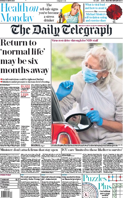 The Daily Telegraph Newspaper Front Page (UK) for 30 March 2020