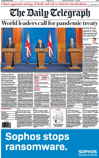 The Daily Telegraph Newspaper Front Page (UK) for 30 March 2021