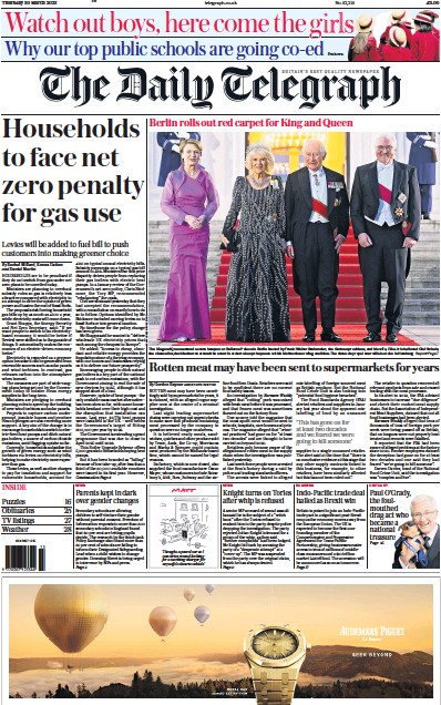 The Daily Telegraph Newspaper Front Page (UK) for 30 March 2023