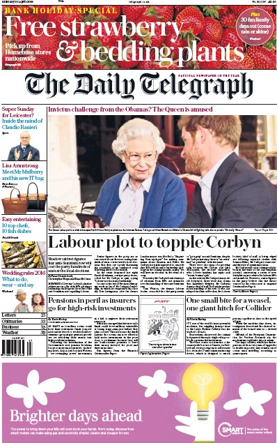 The Daily Telegraph Newspaper Front Page (UK) for 30 April 2016