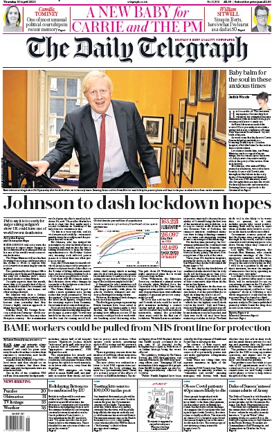 The Daily Telegraph Newspaper Front Page (UK) for 30 April 2020