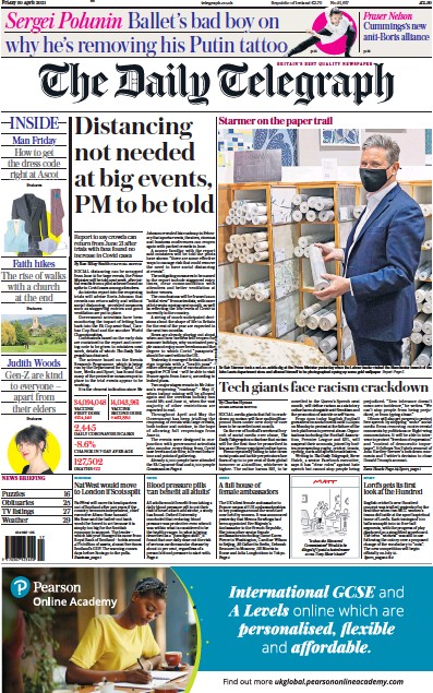 The Daily Telegraph Newspaper Front Page (UK) for 30 April 2021