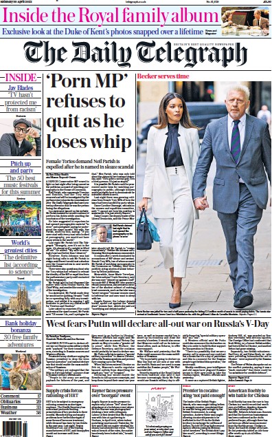 The Daily Telegraph Newspaper Front Page (UK) for 30 April 2022