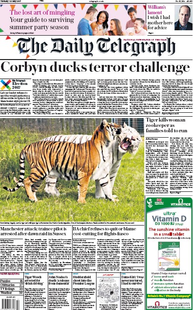The Daily Telegraph Newspaper Front Page (UK) for 30 May 2017