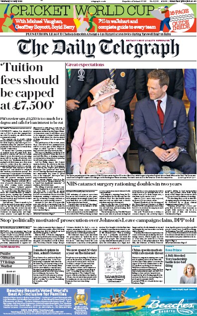 The Daily Telegraph Newspaper Front Page (UK) for 30 May 2019