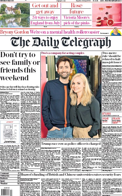 The Daily Telegraph Newspaper Front Page (UK) for 30 May 2020