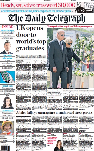 The Daily Telegraph Newspaper Front Page (UK) for 30 May 2022