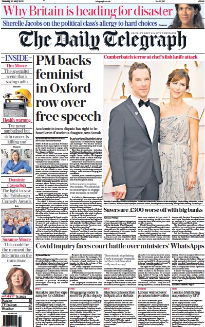 The Daily Telegraph Newspaper Front Page (UK) for 30 May 2023