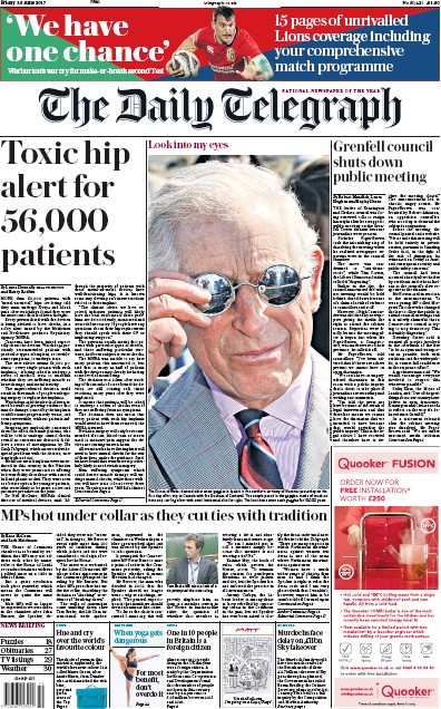 The Daily Telegraph Newspaper Front Page (UK) for 30 June 2017