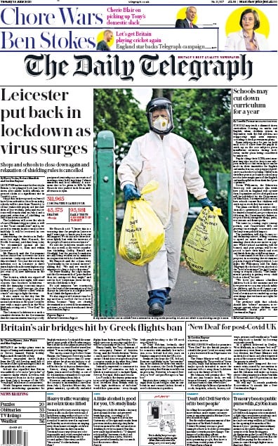 The Daily Telegraph Newspaper Front Page (UK) for 30 June 2020