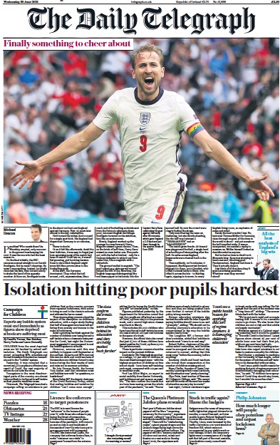 The Daily Telegraph Newspaper Front Page (UK) for 30 June 2021