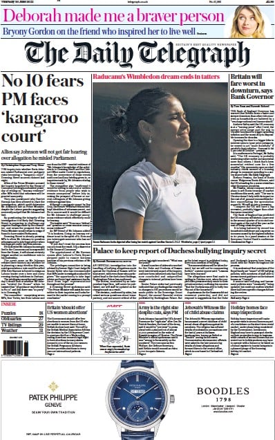 The Daily Telegraph Newspaper Front Page (UK) for 30 June 2022