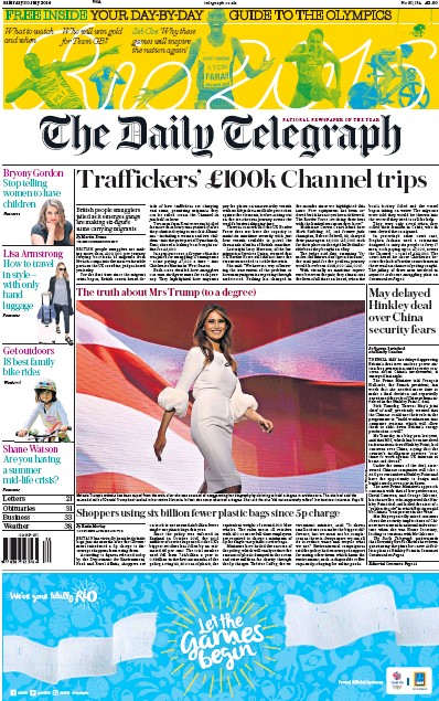 The Daily Telegraph Newspaper Front Page (UK) for 30 July 2016
