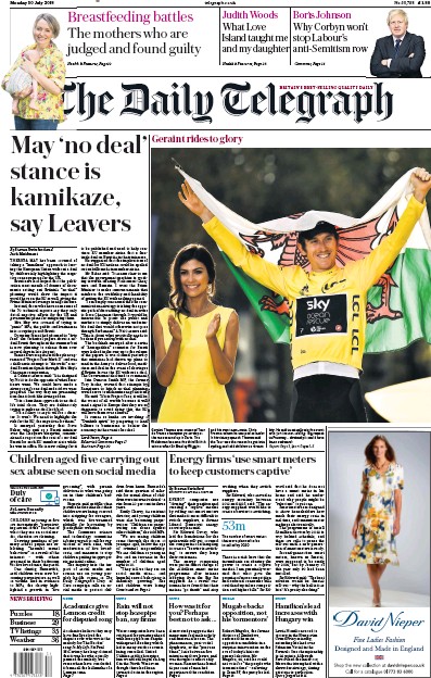 The Daily Telegraph Newspaper Front Page (UK) for 30 July 2018