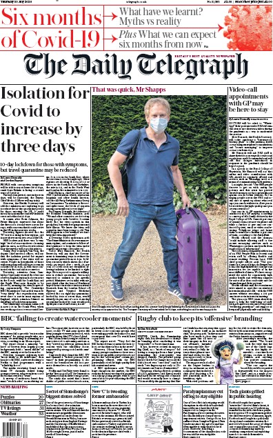 The Daily Telegraph Newspaper Front Page (UK) for 30 July 2020