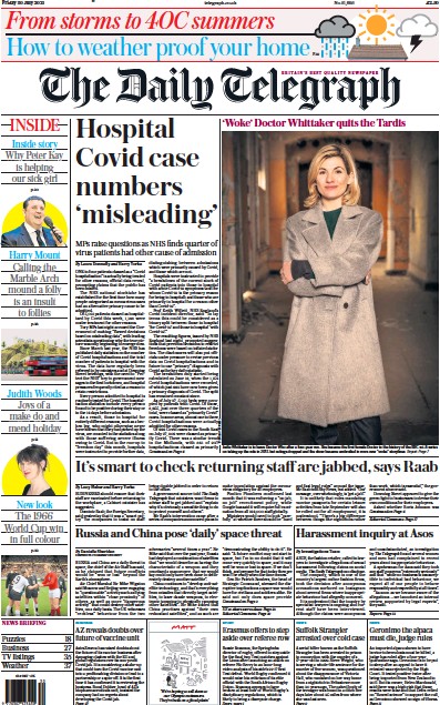 The Daily Telegraph Newspaper Front Page (UK) for 30 July 2021