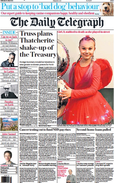 The Daily Telegraph Newspaper Front Page (UK) for 30 July 2022
