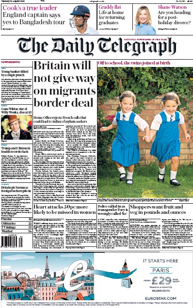 The Daily Telegraph Newspaper Front Page (UK) for 30 August 2016