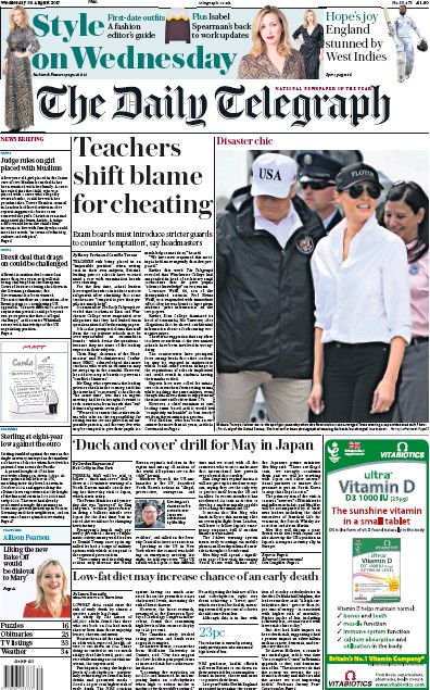 The Daily Telegraph Newspaper Front Page (UK) for 30 August 2017