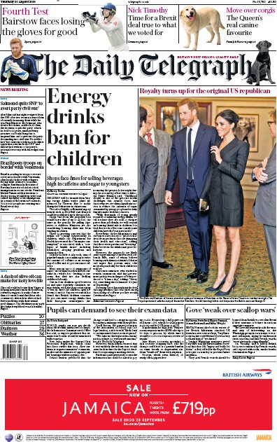 The Daily Telegraph Newspaper Front Page (UK) for 30 August 2018