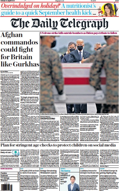 The Daily Telegraph Newspaper Front Page (UK) for 30 August 2021