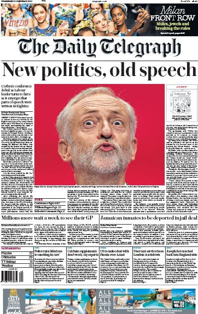 The Daily Telegraph Newspaper Front Page (UK) for 30 September 2015