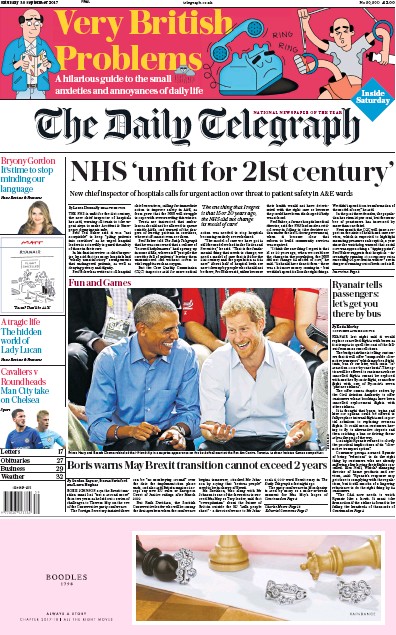 The Daily Telegraph Newspaper Front Page (UK) for 30 September 2017