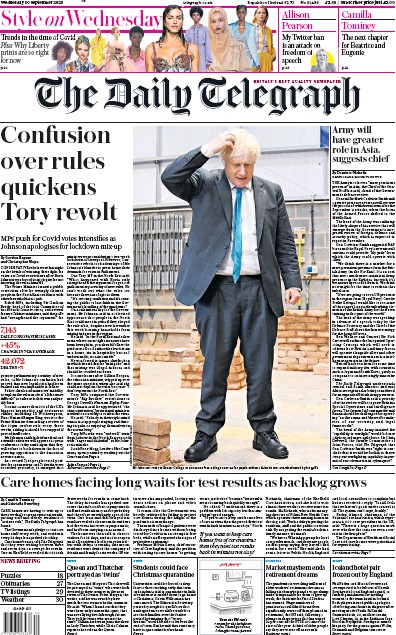The Daily Telegraph Newspaper Front Page (UK) for 30 September 2020