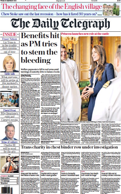 The Daily Telegraph Newspaper Front Page (UK) for 30 September 2022