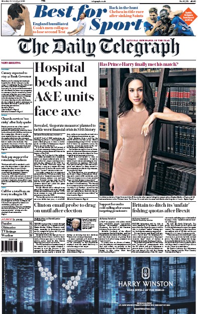 The Daily Telegraph Newspaper Front Page (UK) for 31 October 2016