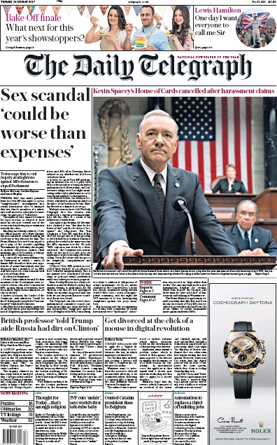 The Daily Telegraph Newspaper Front Page (UK) for 31 October 2017