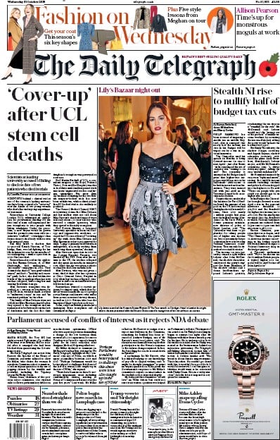 The Daily Telegraph Newspaper Front Page (UK) for 31 October 2018