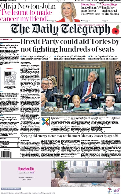 The Daily Telegraph Newspaper Front Page (UK) for 31 October 2019