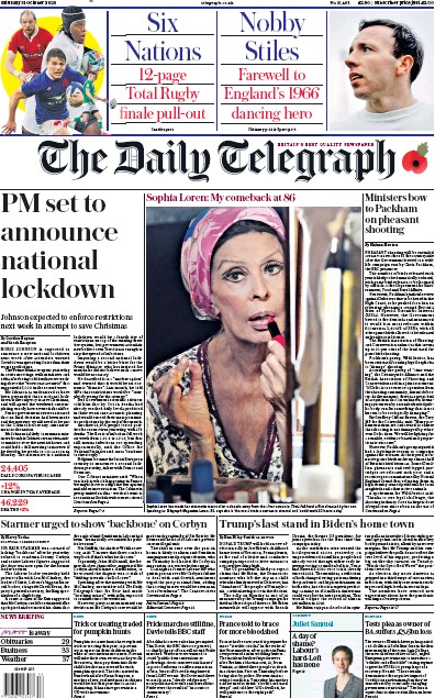 The Daily Telegraph Newspaper Front Page (UK) for 31 October 2020