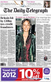 The Daily Telegraph Newspaper Front Page (UK) for 31 December 2012