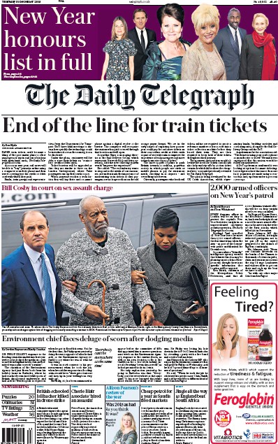 The Daily Telegraph Newspaper Front Page (UK) for 31 December 2015