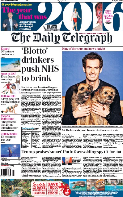 The Daily Telegraph Newspaper Front Page (UK) for 31 December 2016